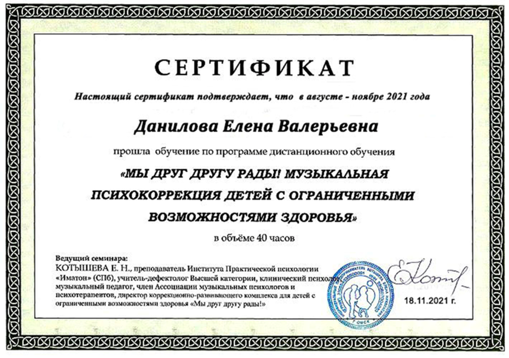 Сертификат Котышева Мы раду друг другу (40 часов обучения)